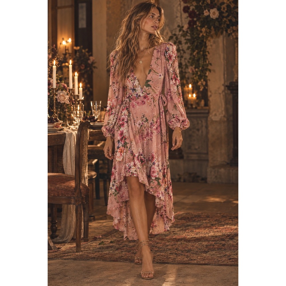 Eliza J Pink Floral Metallic Fil Coupe High Low Maxi Dress Womens 16 V-Neck Puff